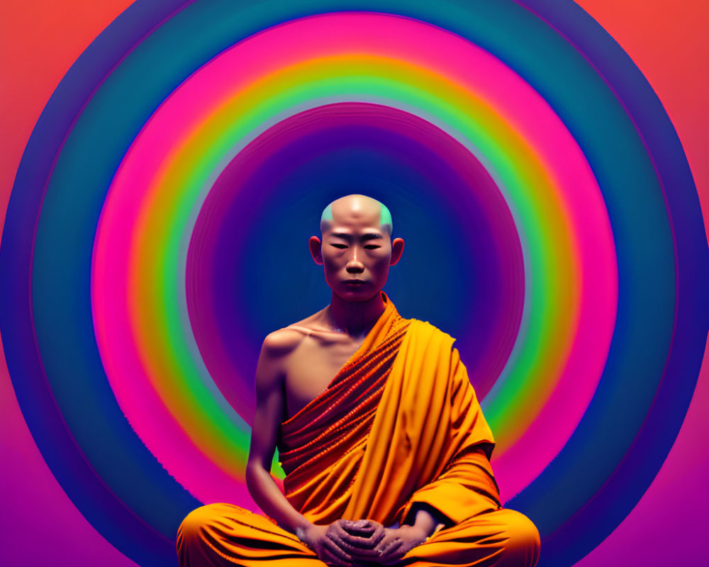 Meditating Figure in Orange Robes Surrounded by Rainbow Circles