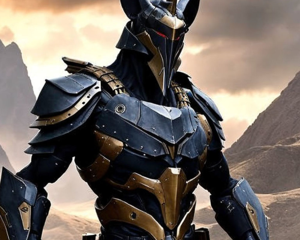 Elaborate black and gold armored figure with bat-shaped helmet against mountainous backdrop