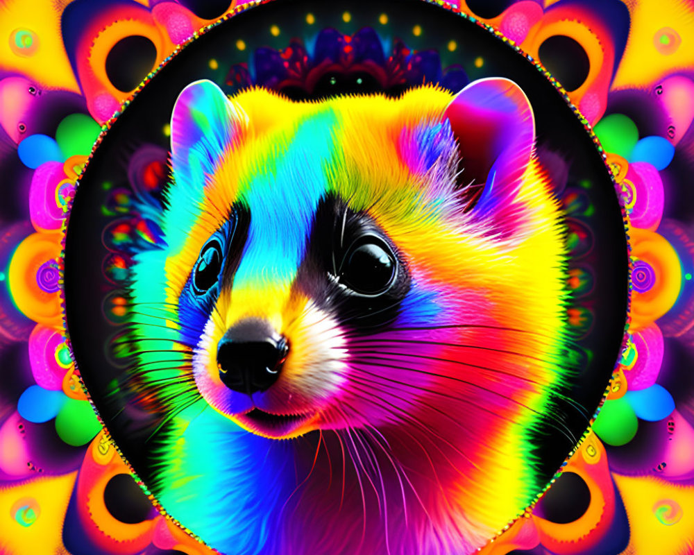 Colorful Psychedelic Ferret Face in Neon Circles