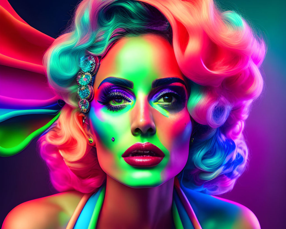 Colorful portrait of a woman with neon makeup and hair in greens, pinks, and blues.