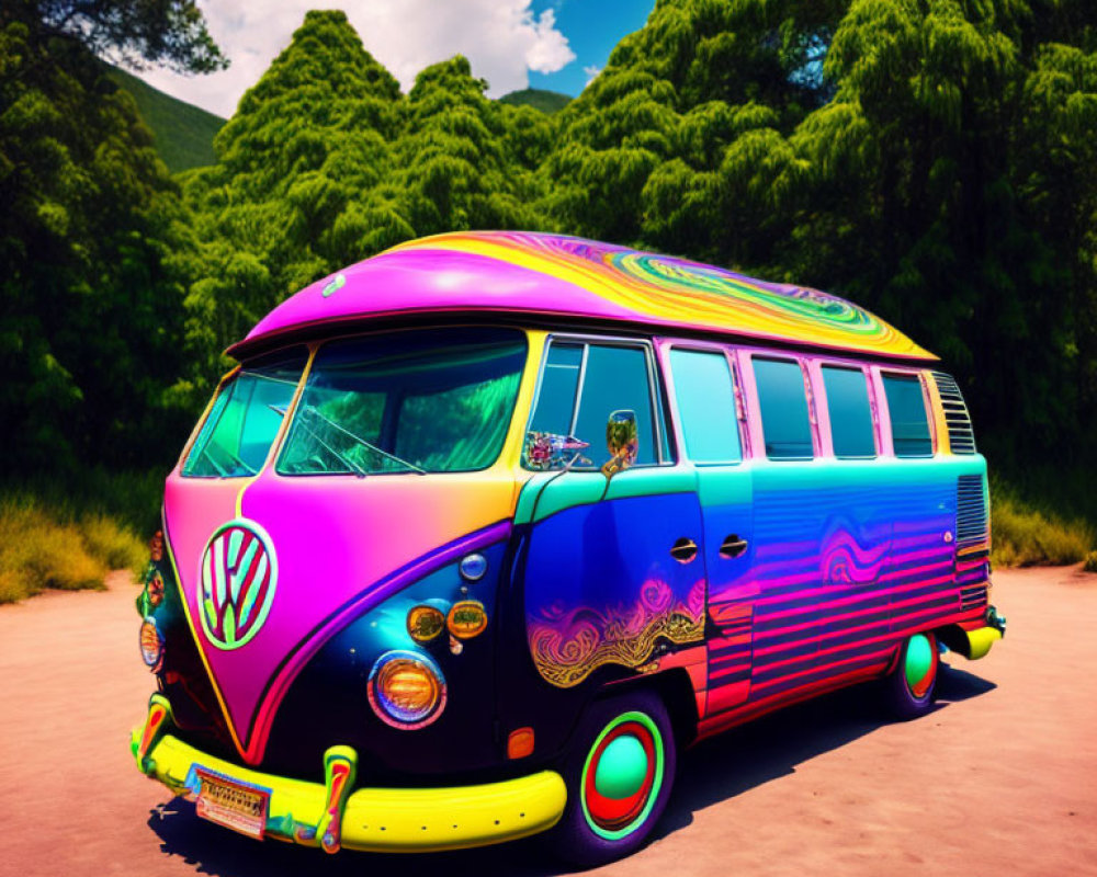 Colorful Psychedelic Patterned Volkswagen Bus Parked Under Blue Sky