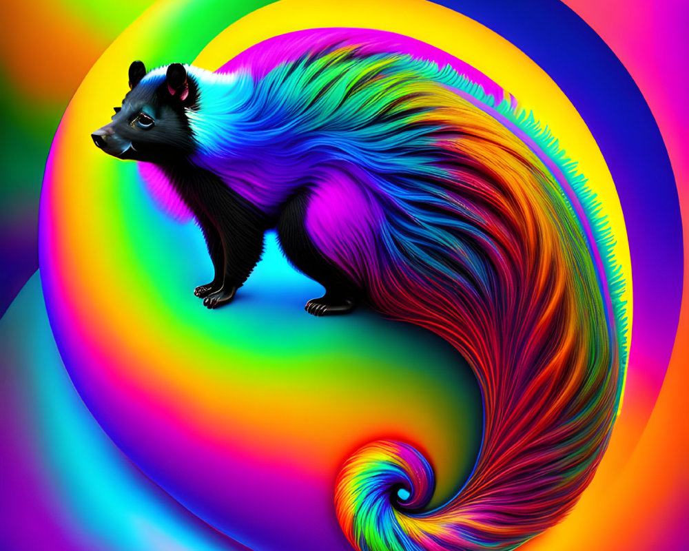 Colorful Skunk with Rainbow Swirled Tail on Psychedelic Background