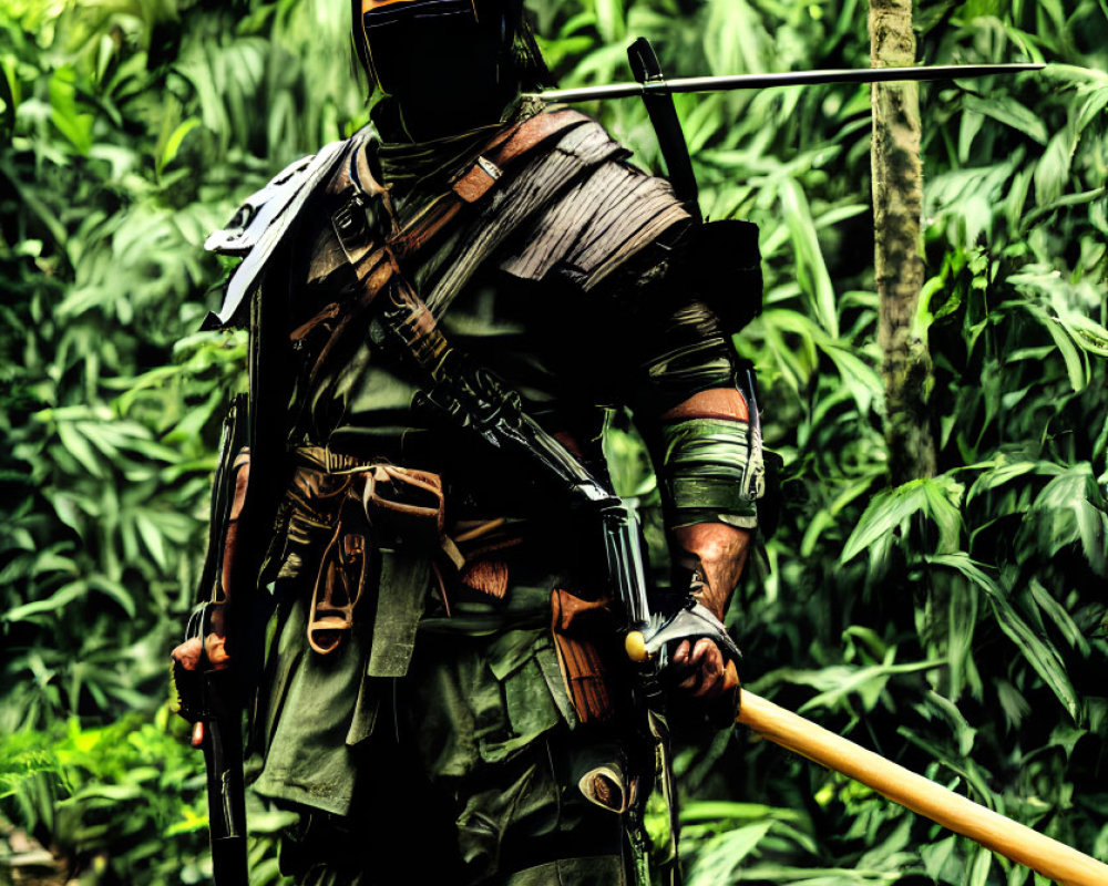 Person in tactical gear with bow, arrows, and sword in dense forest