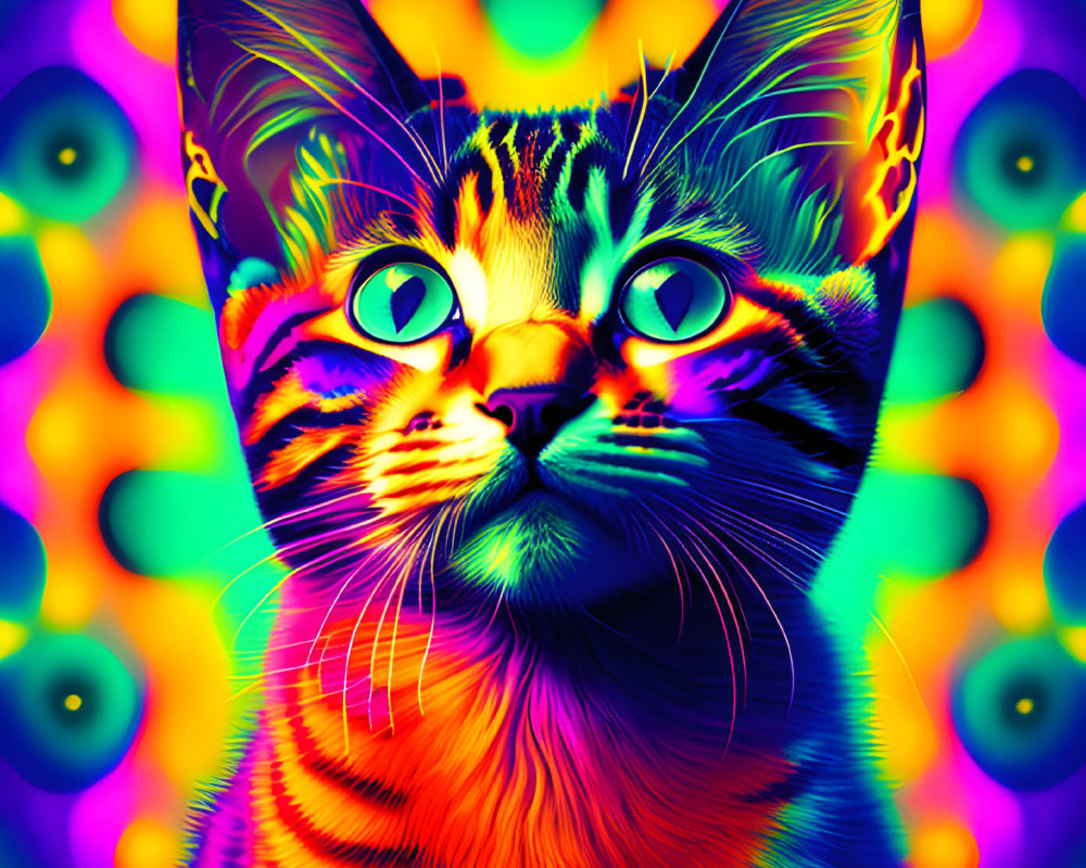 Colorful Cat Portrait with Psychedelic Patterns and Expressive Eyes