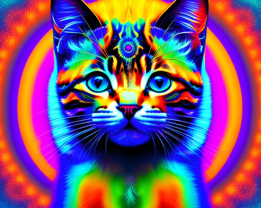 Colorful Psychedelic Cat Art with Symmetrical Patterns and Glowing Background