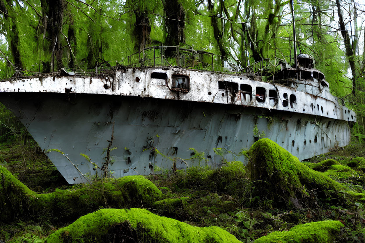 Abandoned ship covered in moss in woodland setting