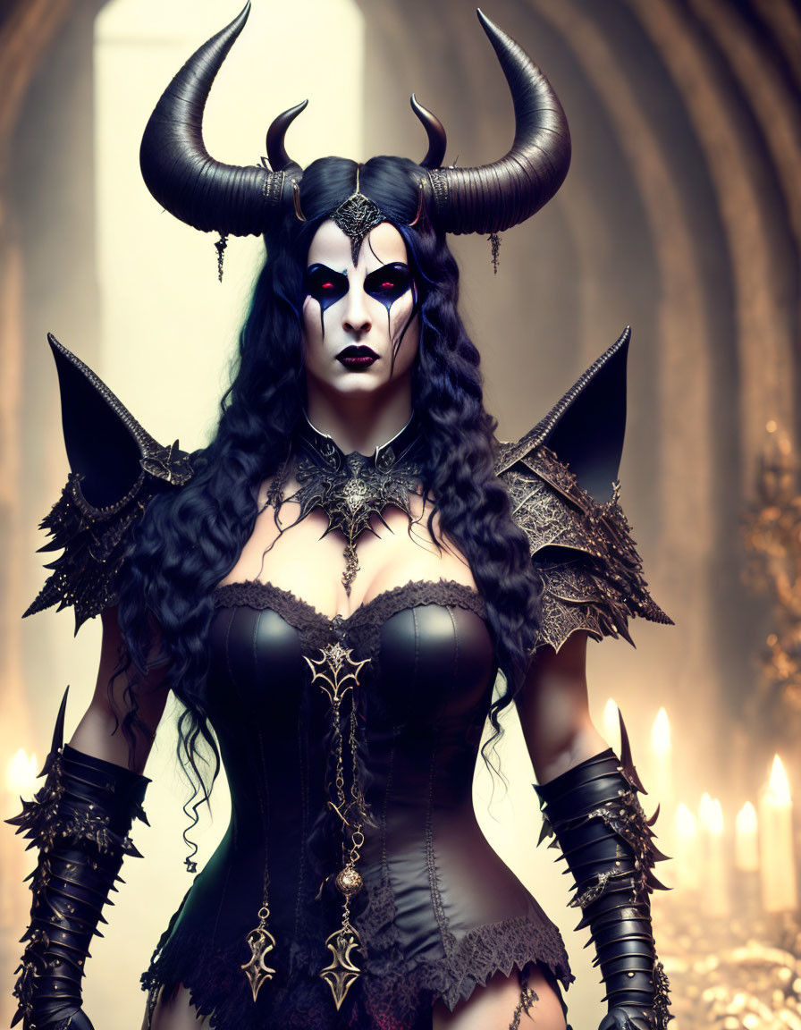 Elaborate demonic costume with horns and gothic makeup in candlelit space