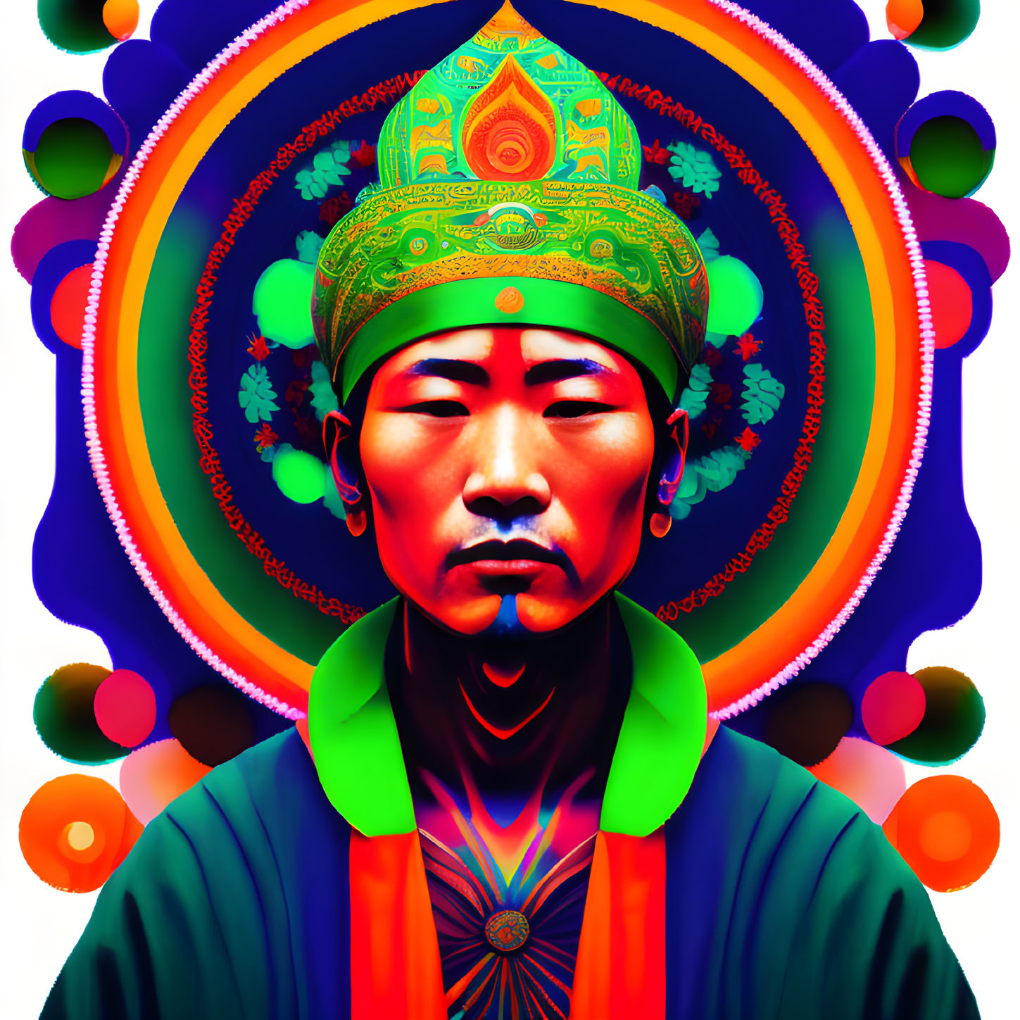 Symmetrical Asian face in colorful digital art with kaleidoscopic background