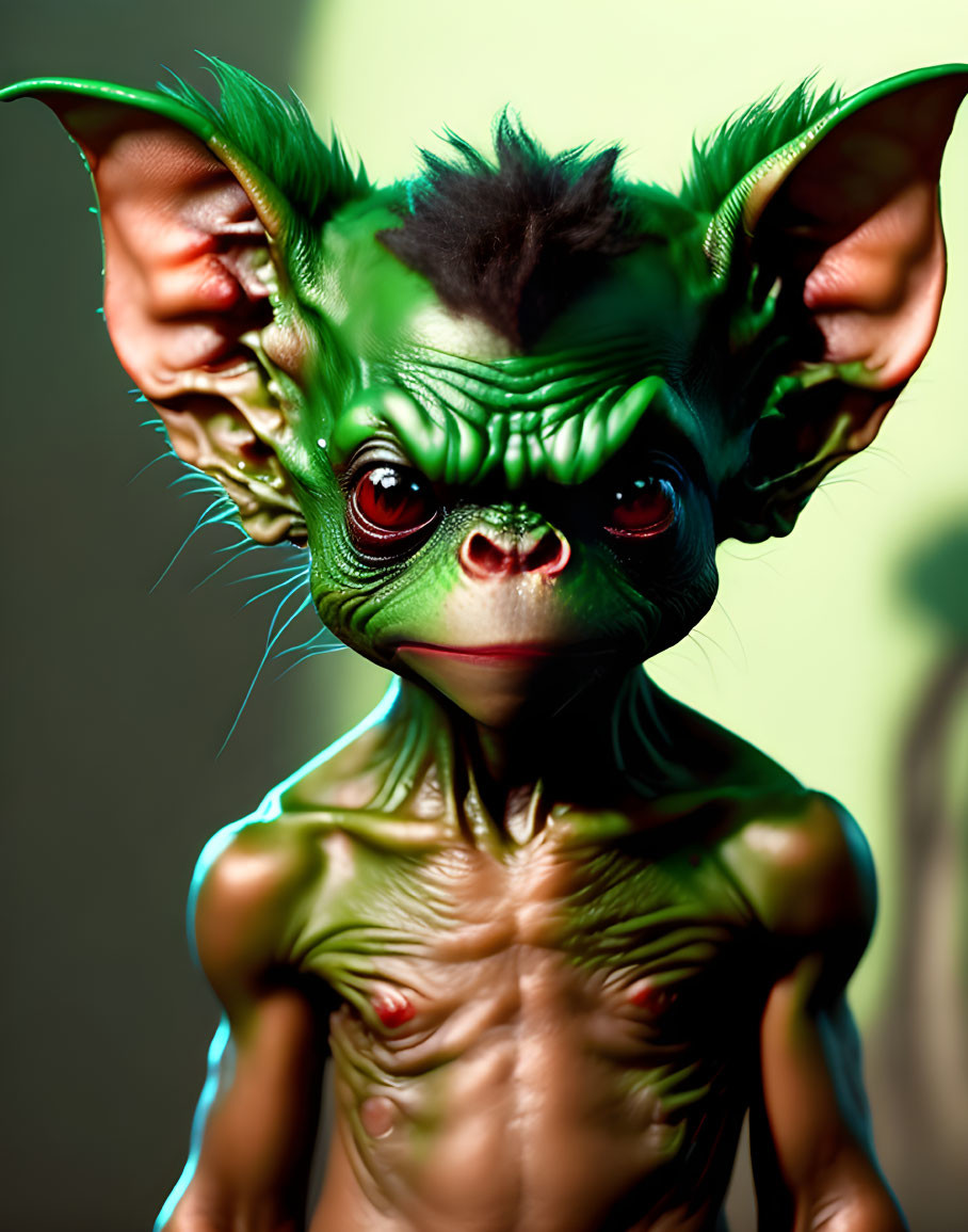 Fantasy creature digital artwork: green skin, red eyes, black hair
