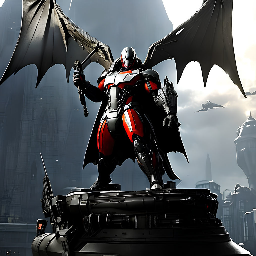Armored figure with cape and wings on high structure with futuristic cityscape.