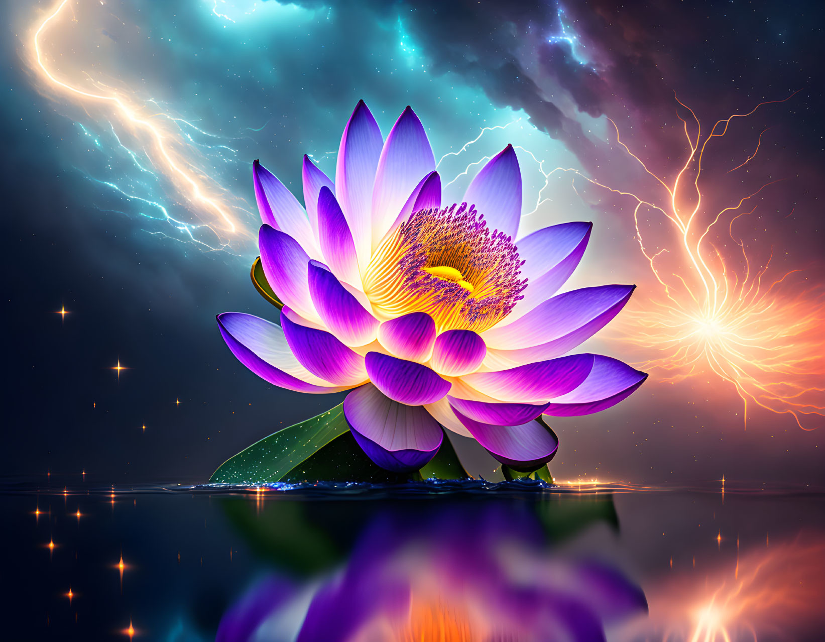 Colorful Lotus Flower Blooms in Starry Night Sky with Lightning and Water Reflection