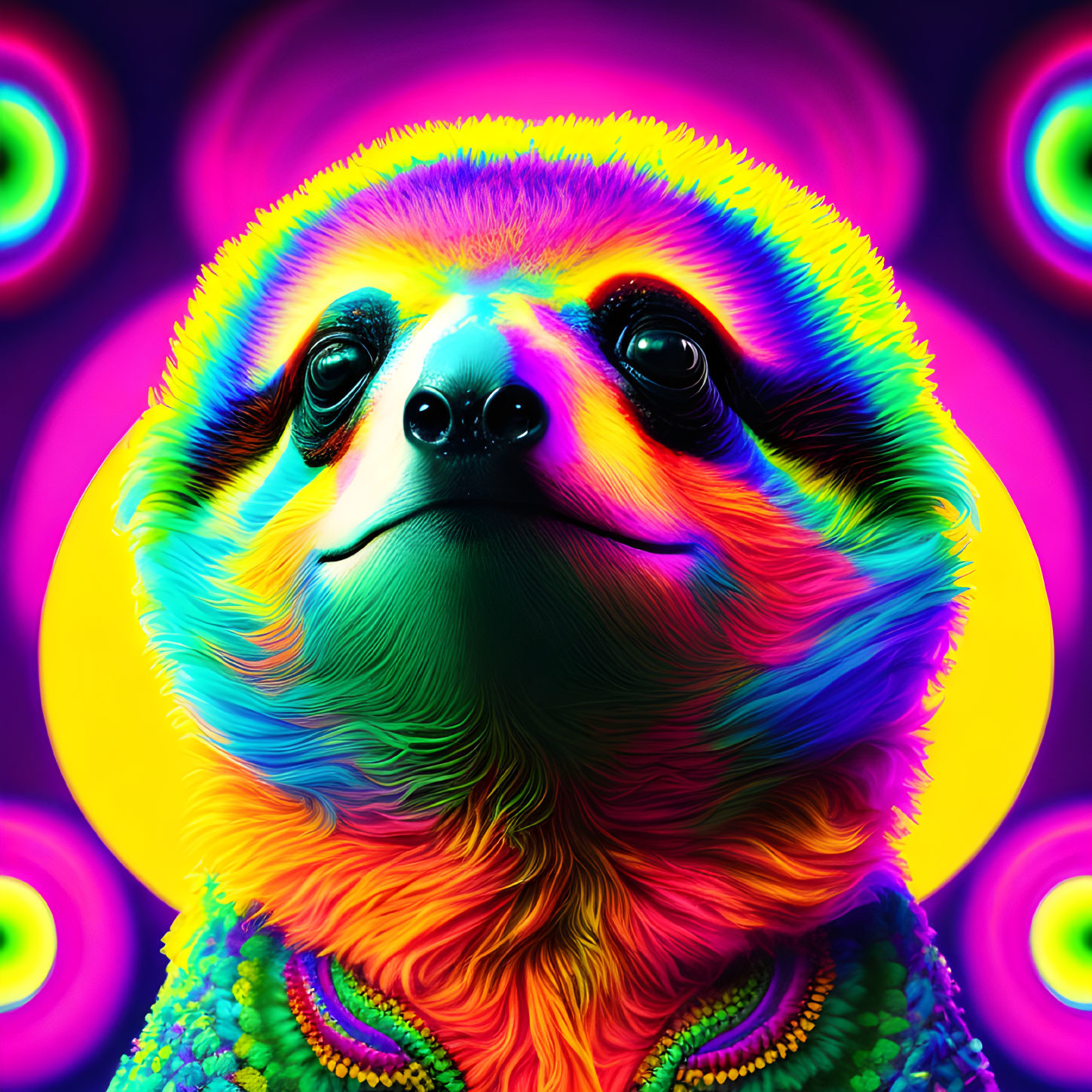 Colorful Psychedelic Rainbow Sloth on Concentric Circles