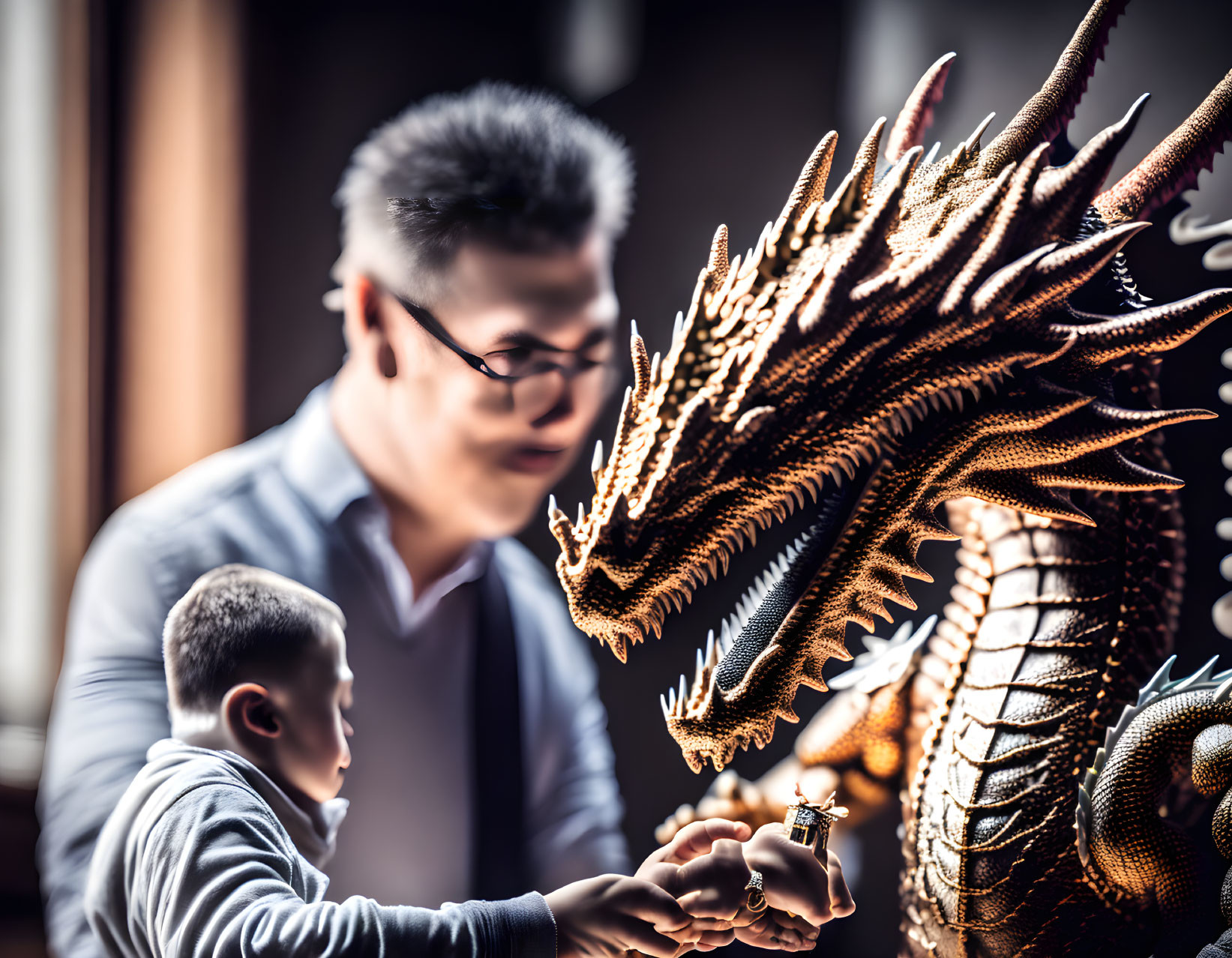 Man and child near detailed dragon sculpture in warm light, evoking cultural heritage.