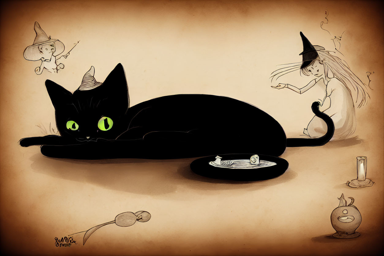 Whimsical black cat with witch hat and tiny witch in Halloween scene