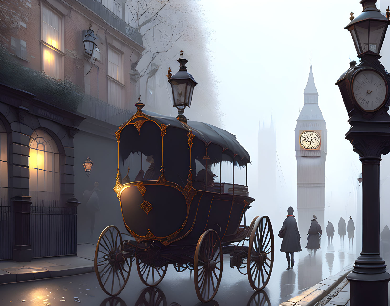 Vintage horse-drawn carriage on foggy cobblestone street with Big Ben silhouette