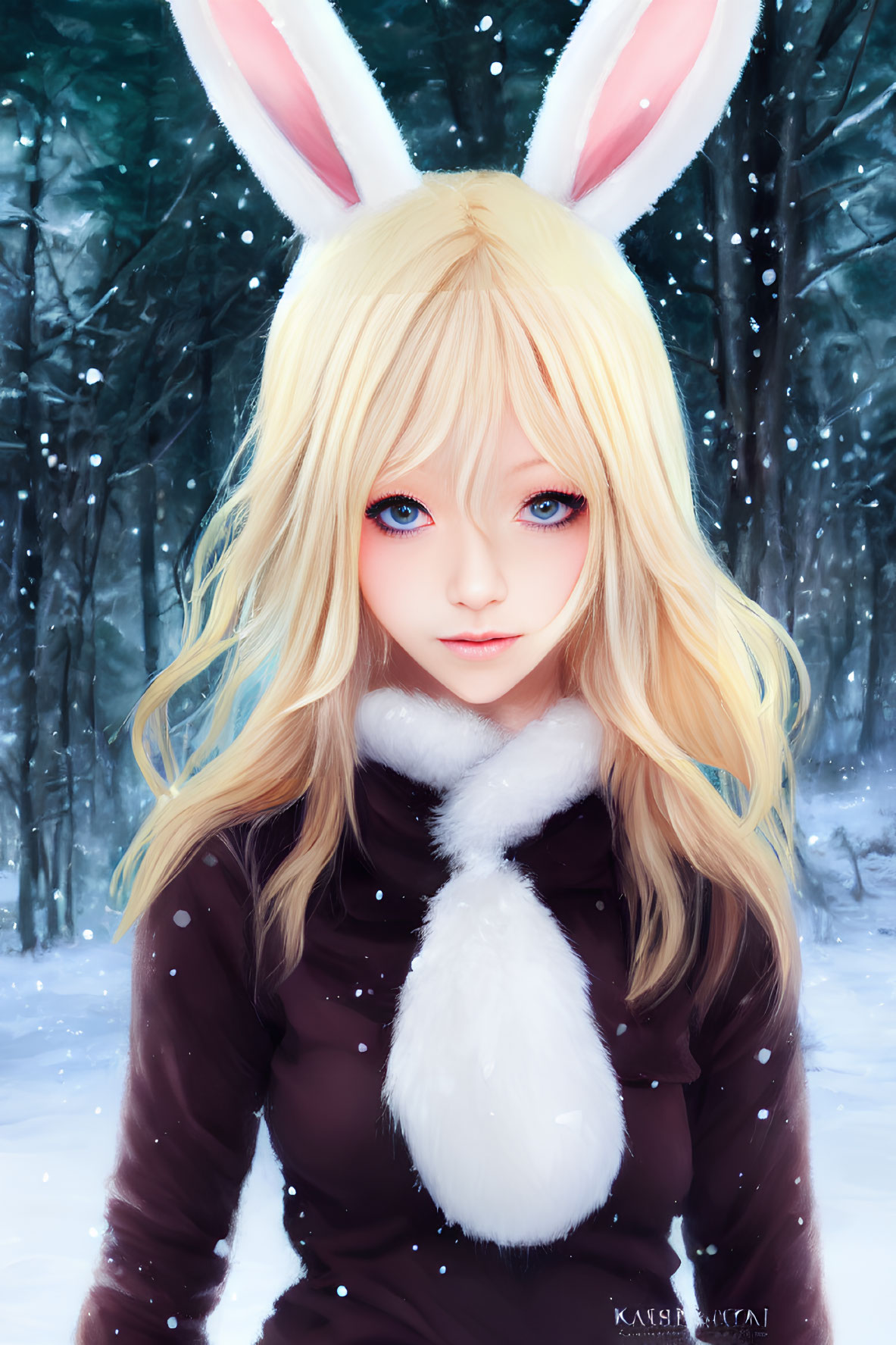 Digital artwork: Person with bunny ears in snowy forest, long blonde hair, blue eyes, fluffy white