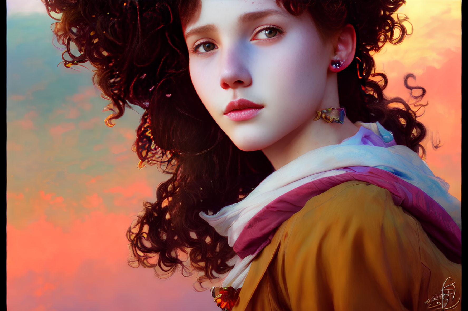 Vibrant digital portrait of young woman with curly hair against colorful sky
