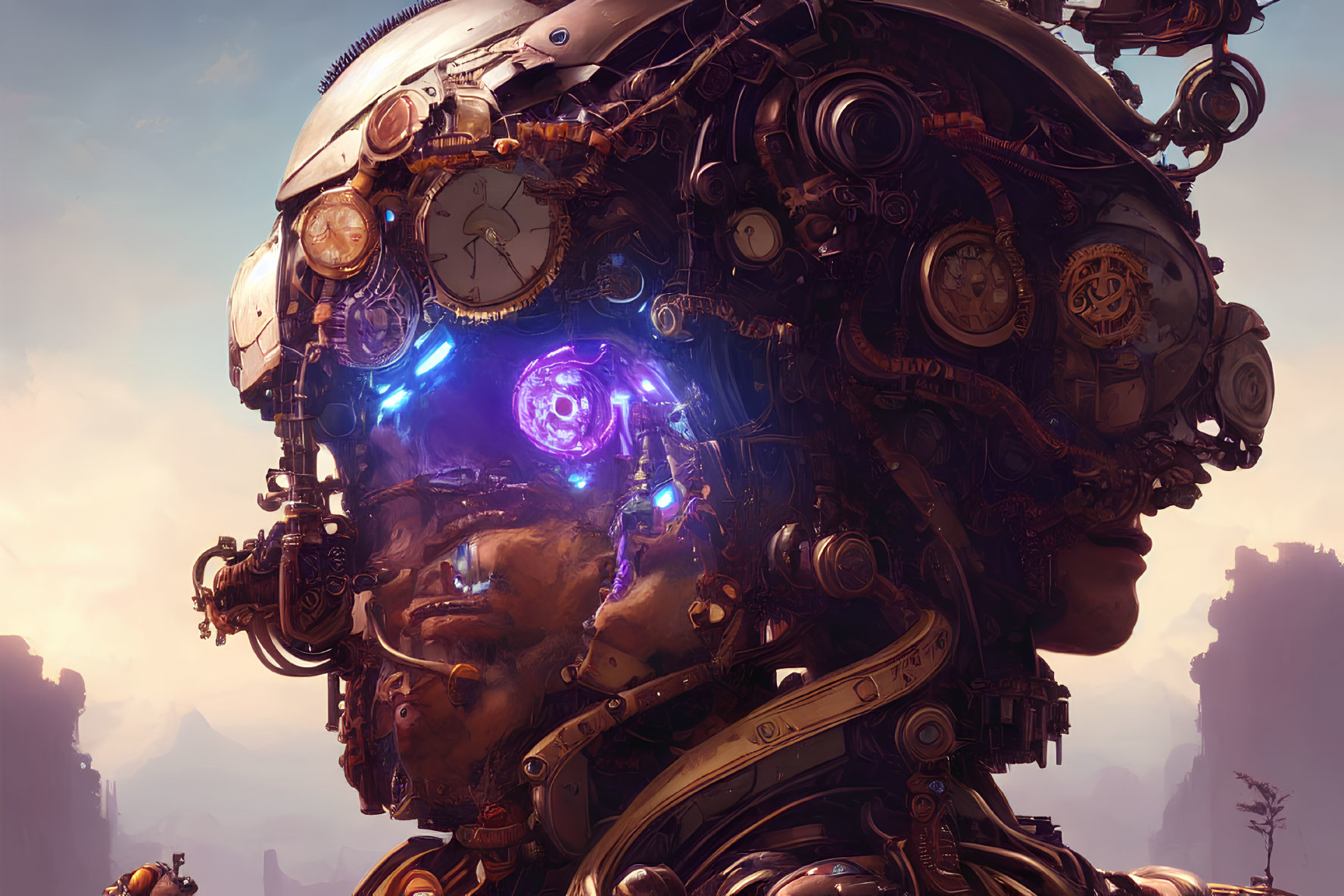 Detailed mechanical head with intricate gears and glowing purple lights.