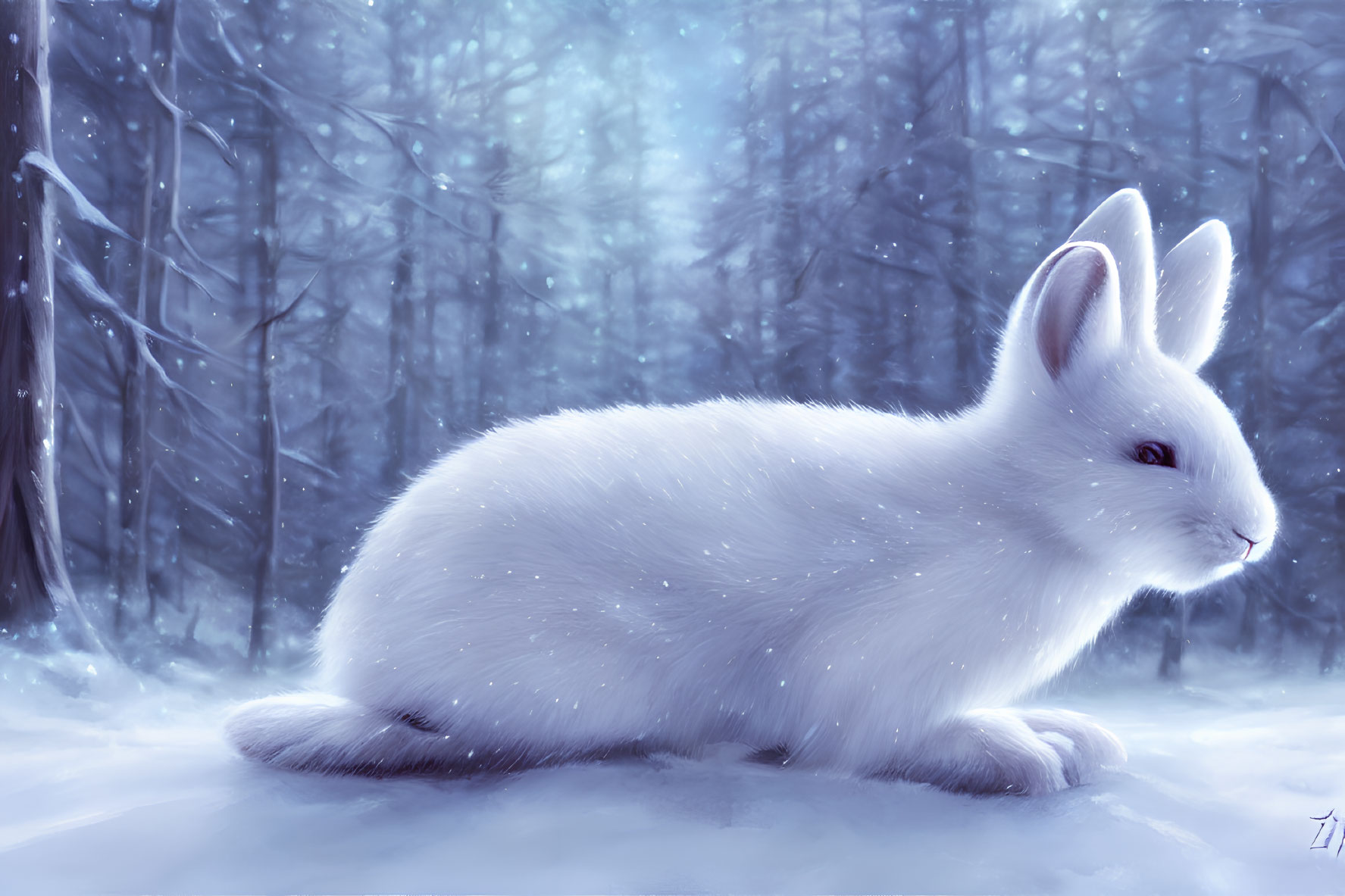 White Rabbit in Snowy Forest Scene with Falling Snowflakes