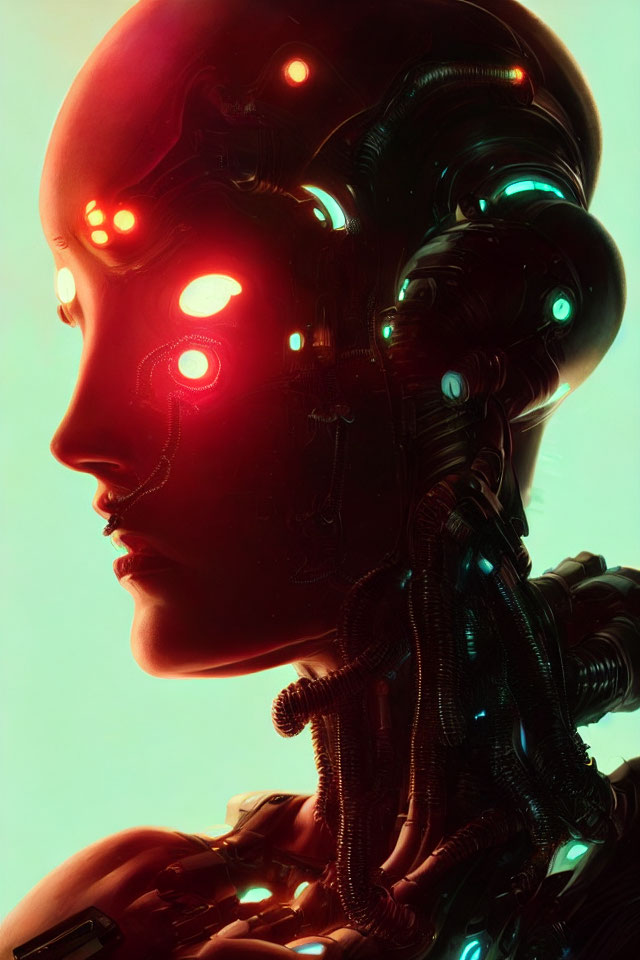 Humanoid robot with black mechanical details and red lights on green background