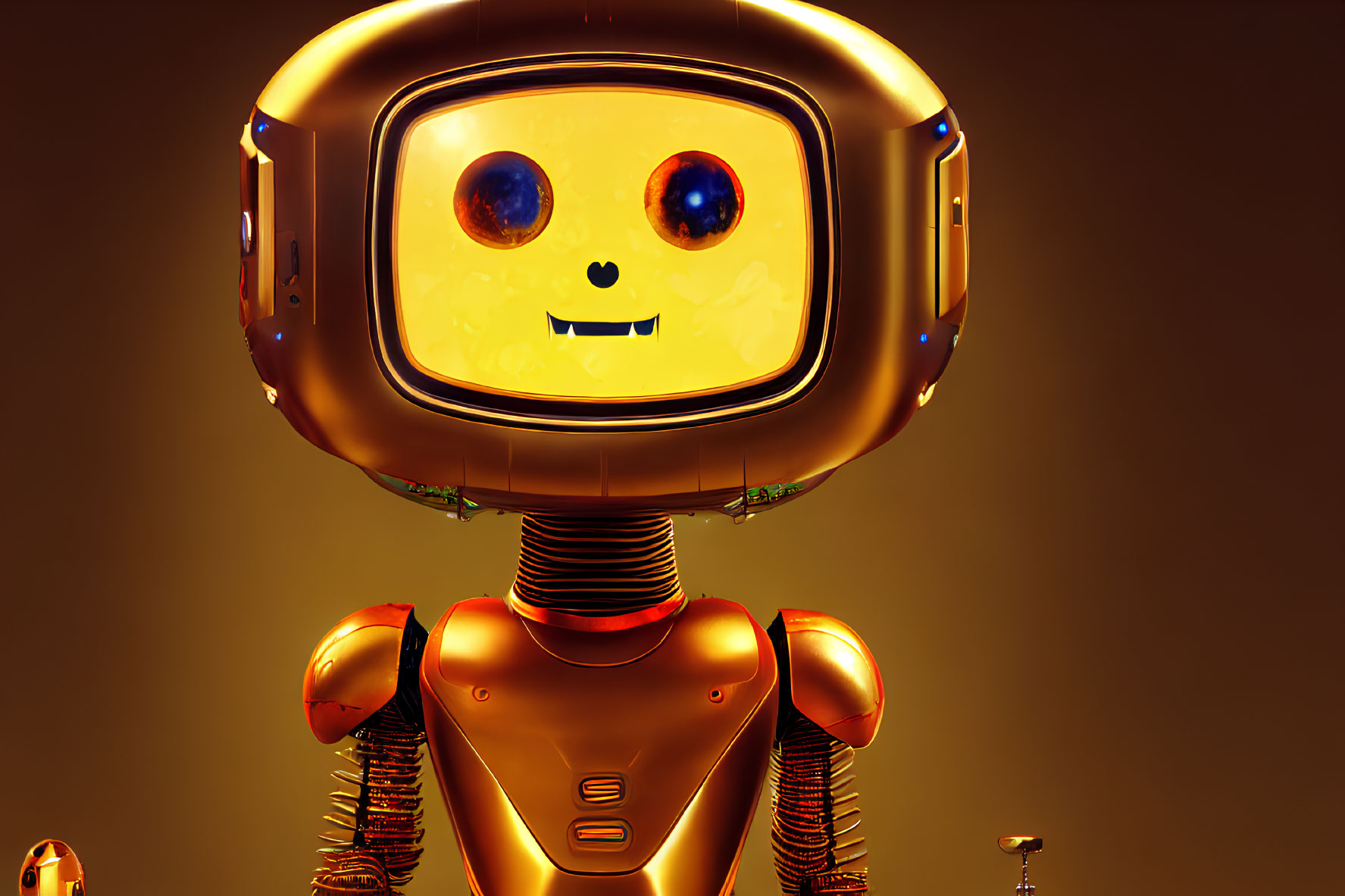 Orange Square-Headed Robot with Blue Eyes and Smile on Golden Background