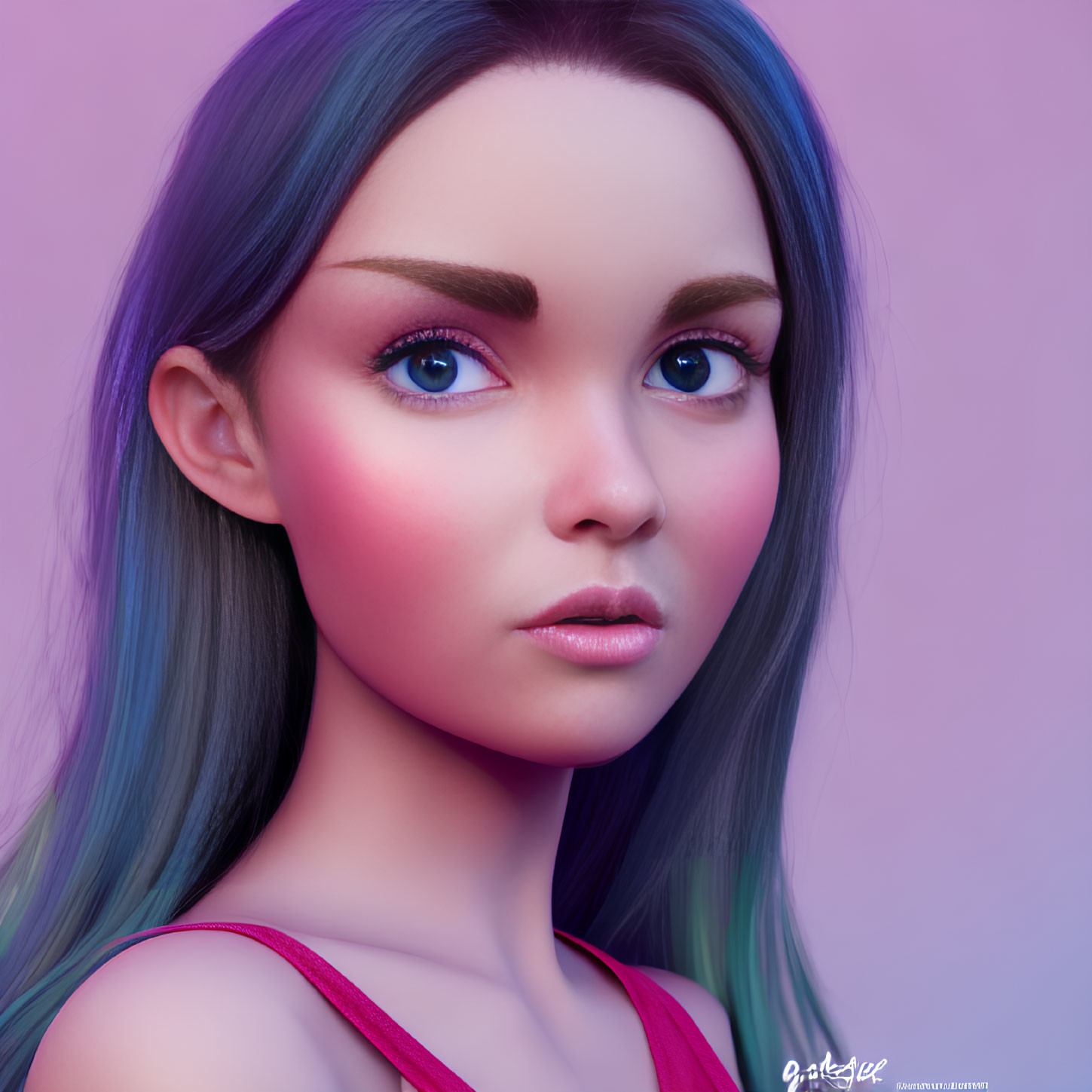 Rendered image: Woman with blue eyes, purple hair, pink top on purple background