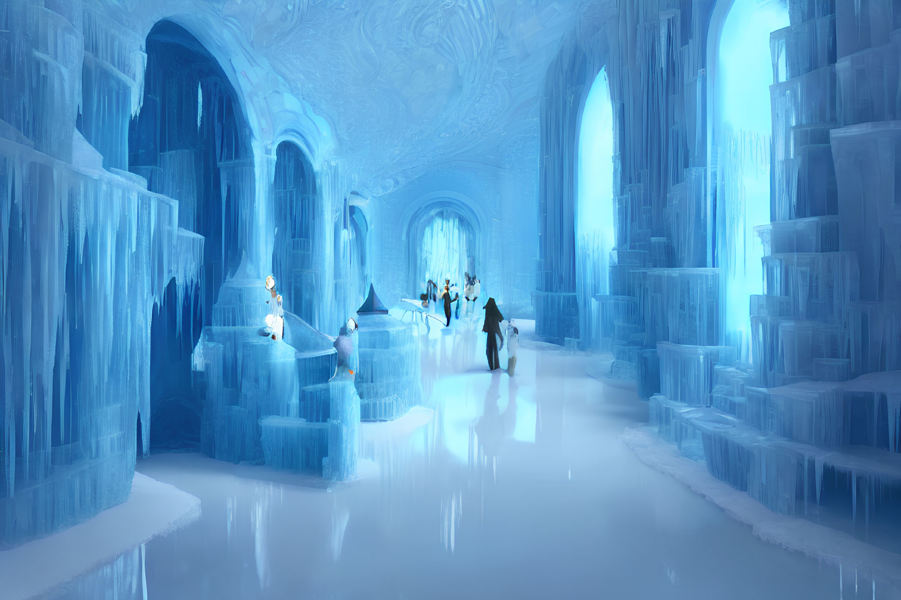 Majestic ice palace with grand hall and ethereal lighting