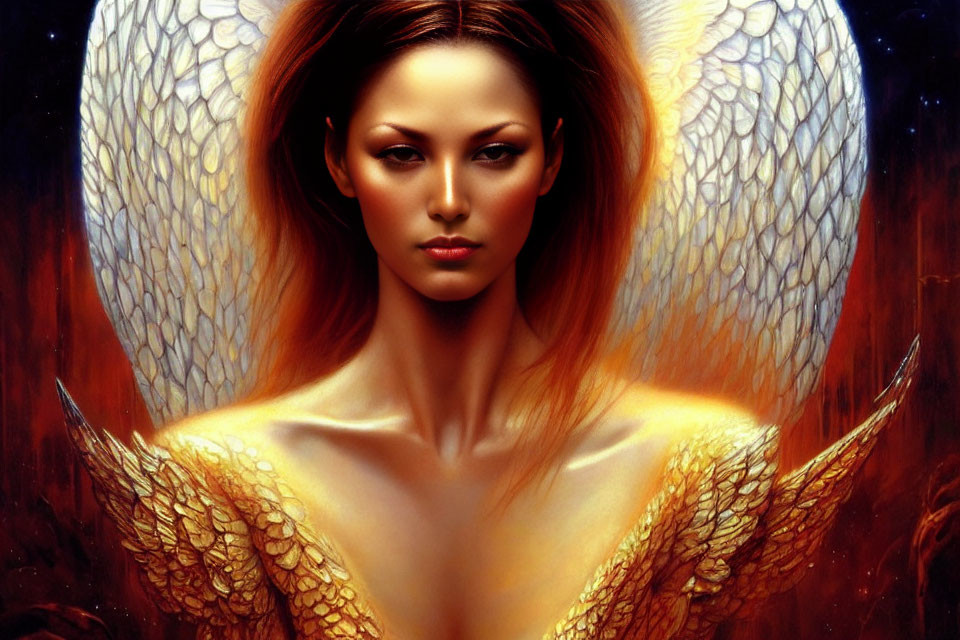 Woman with Angel Wings and Fiery Orange Hair in Warm Ethereal Glow