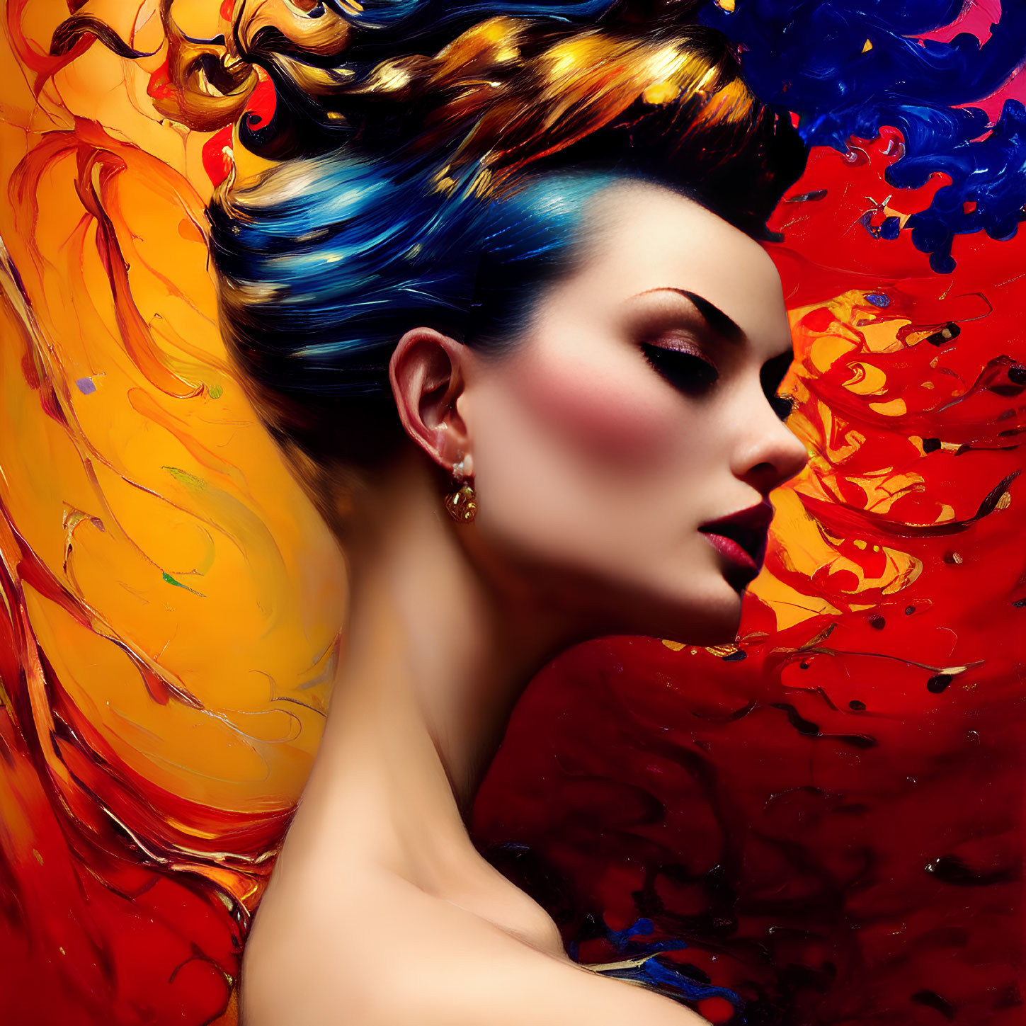 Profile Portrait of Woman with Vibrant, Flowing Hair and Abstract Color Splash