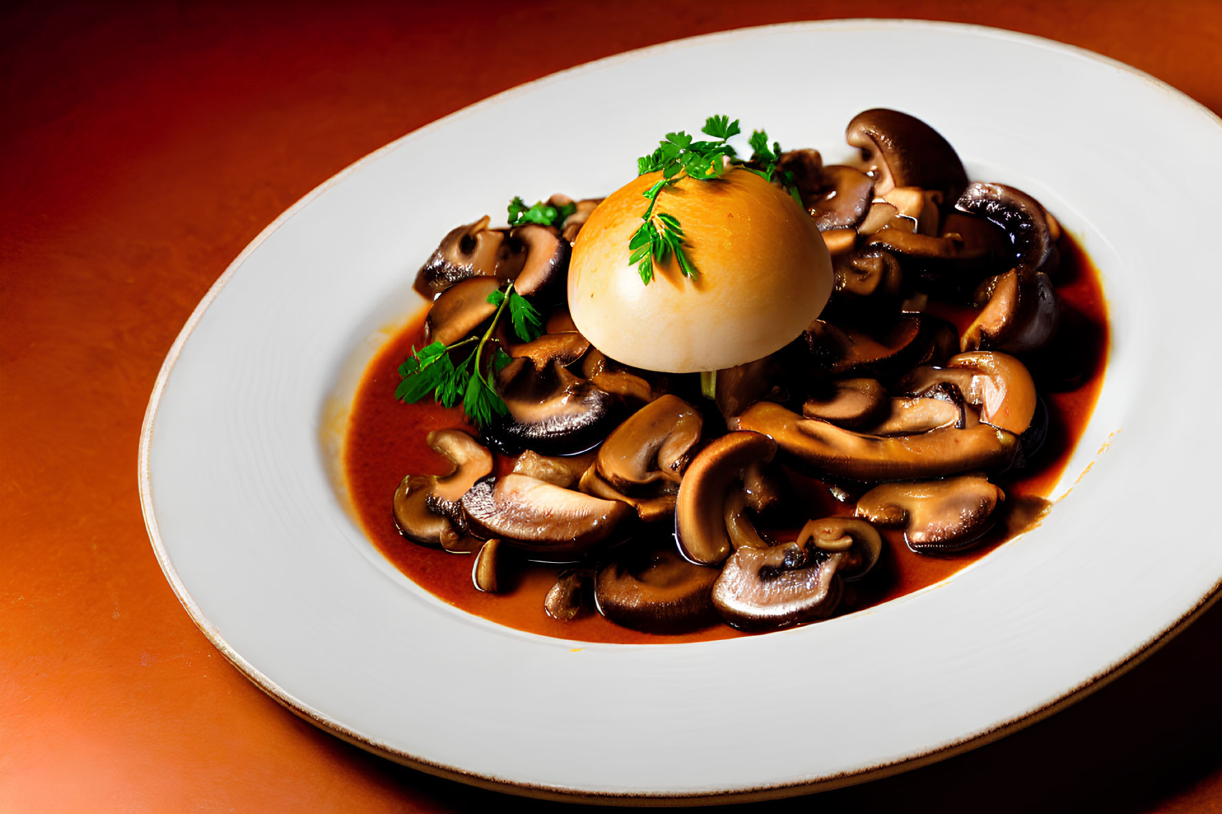 Whole mushroom dish with parsley and sliced mushrooms in rich brown sauce on white plate