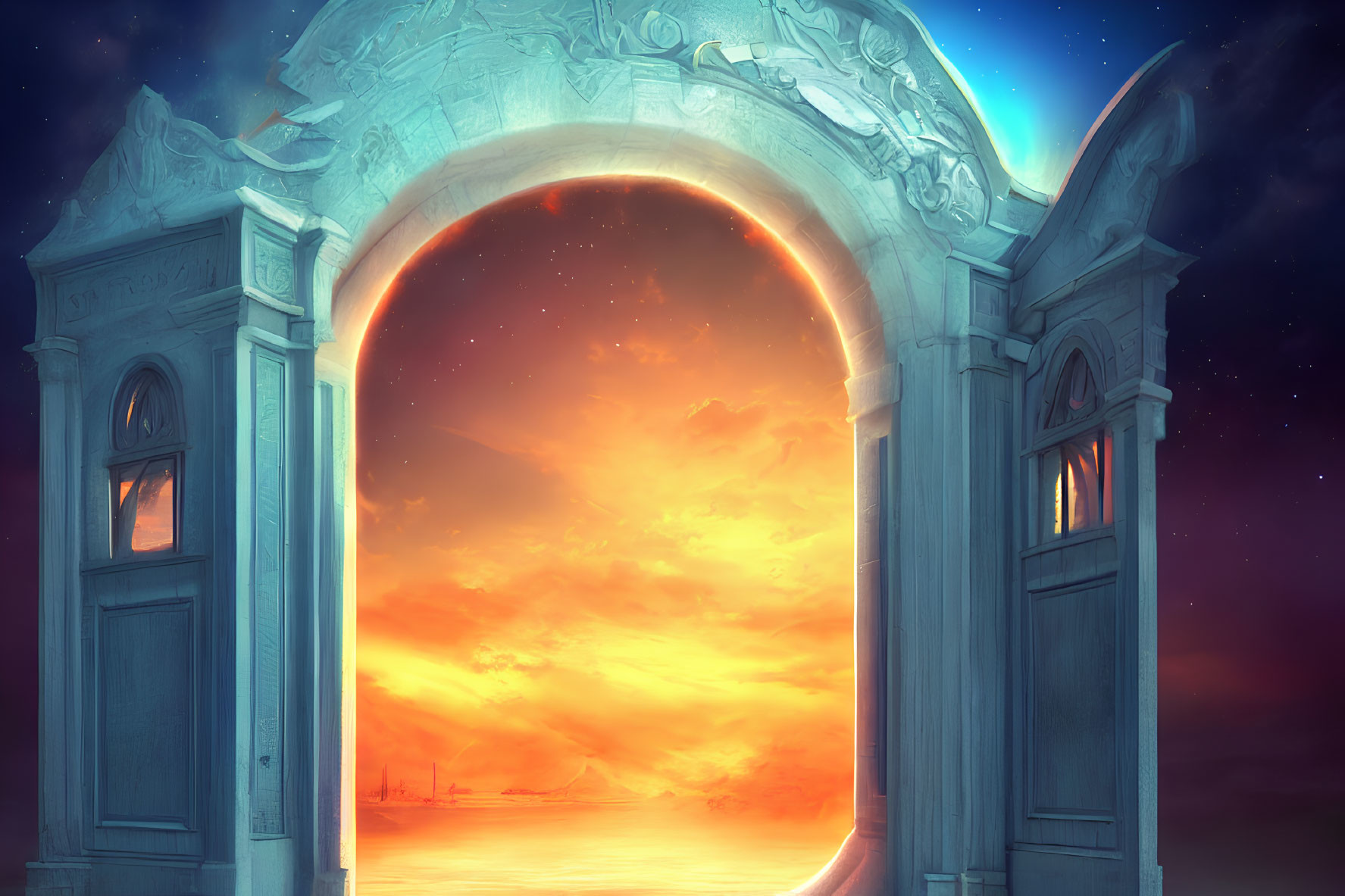 Stone archway frames starlit sky with orange nebula. Twilight backdrop.