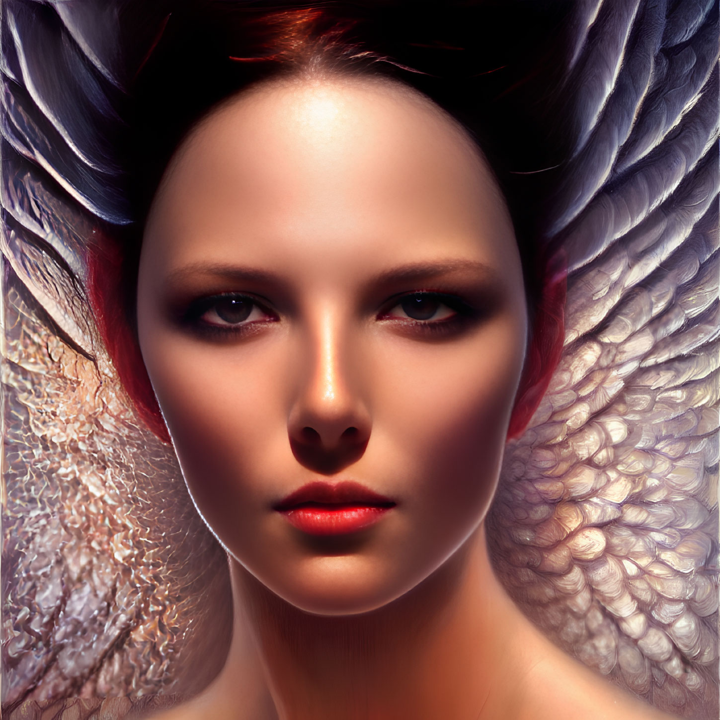 Symmetrical digital portrait of a woman with feather-like textures in white, brown, and black hues