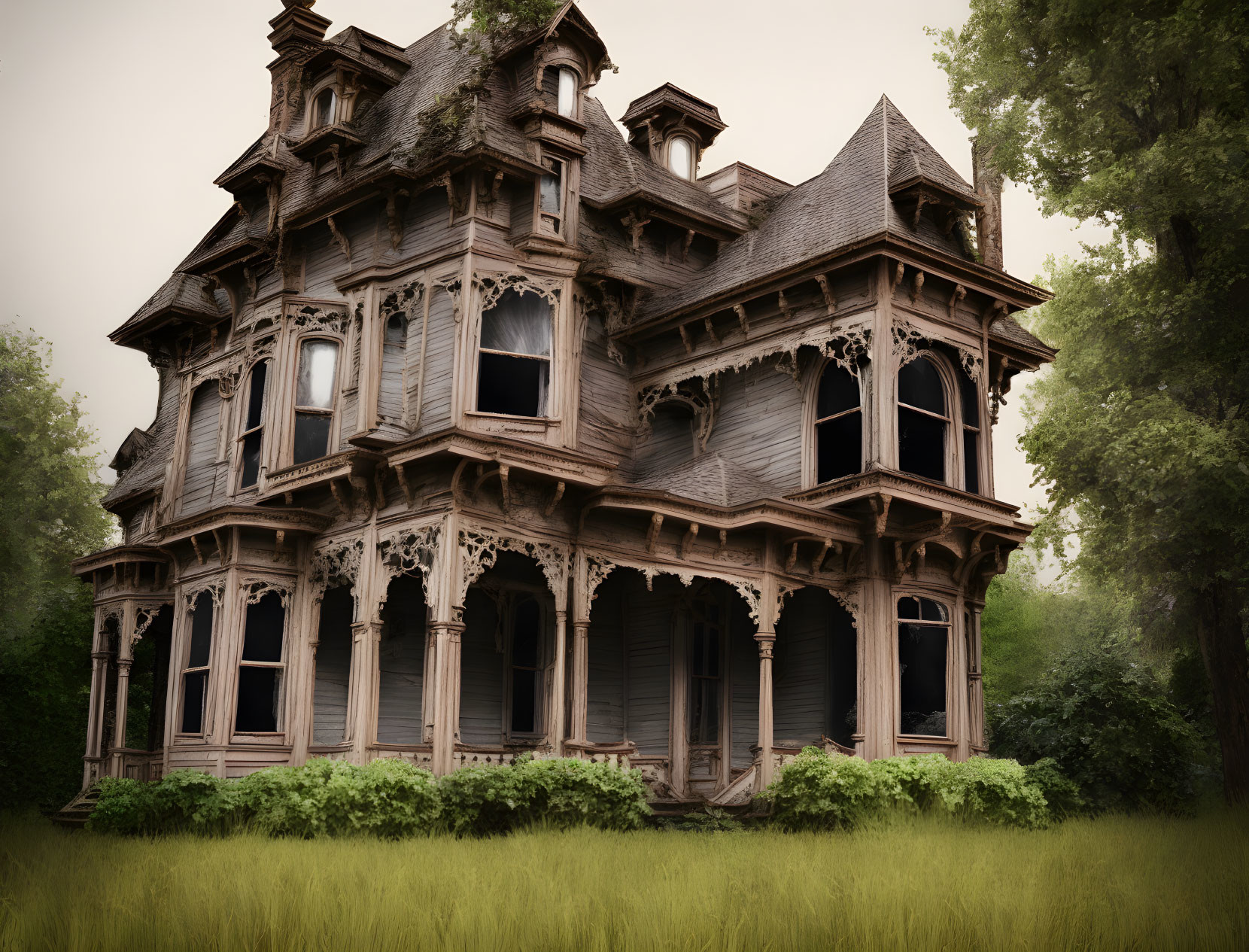 Dilapidated Victorian mansion in eerie atmosphere