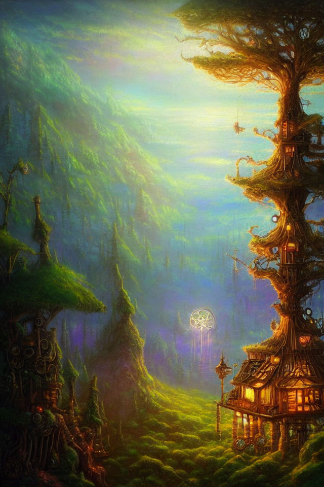 Mystical fantasy landscape with treehouse, glowing orb, and lush forest