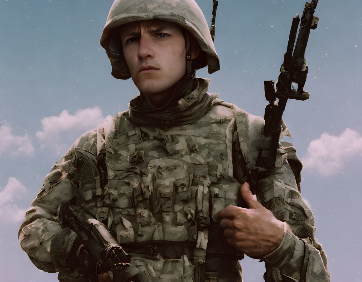 Combat soldier in uniform with rifle under cloudy sky.