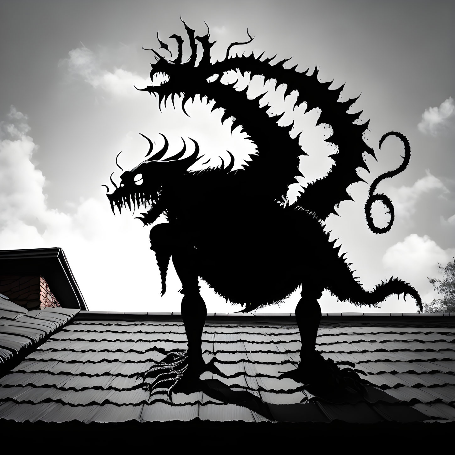 Fearsome dragon silhouette with spikes on roof against cloudy sky