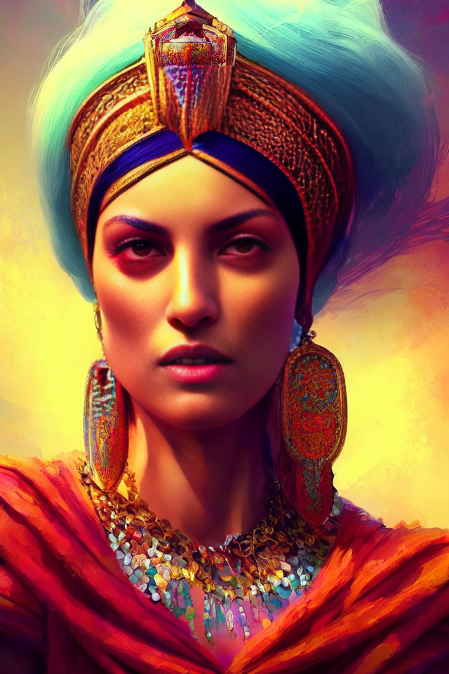 Colorful Turban Portrait of Woman with Striking Features