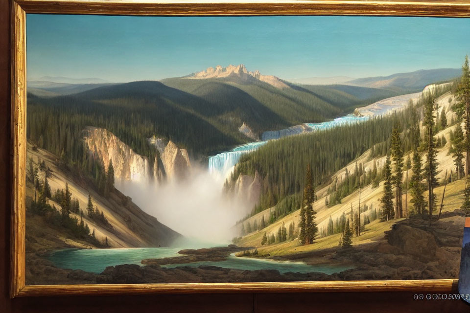 Framed landscape painting of majestic waterfall in forested mountains