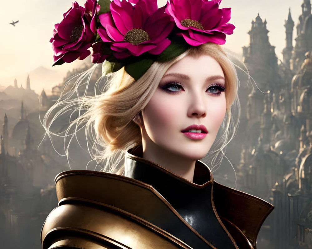 Fantasy digital artwork: Woman with flowered hair in armor, castle backdrop, flying bird