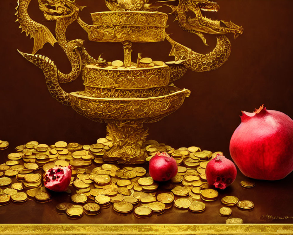 Golden Dragon Incense Burner with Pomegranates and Coins on Dark Background