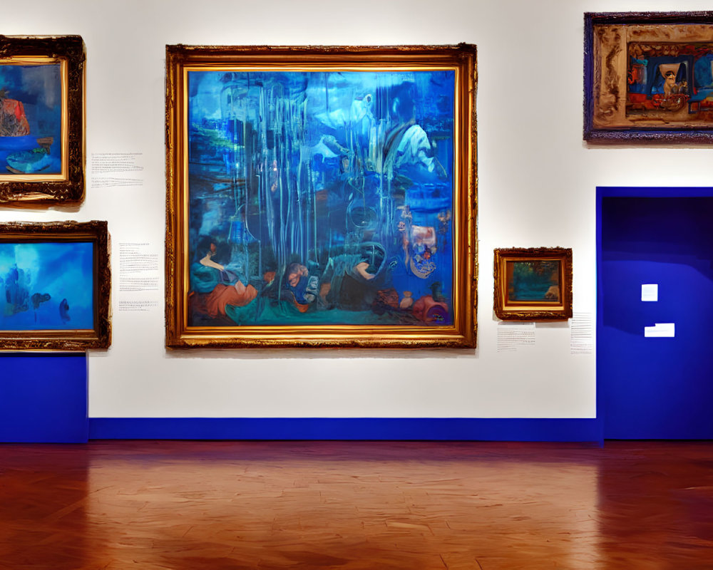 Blue-walled art gallery room with diverse paintings, including a large aquatic-themed artwork.