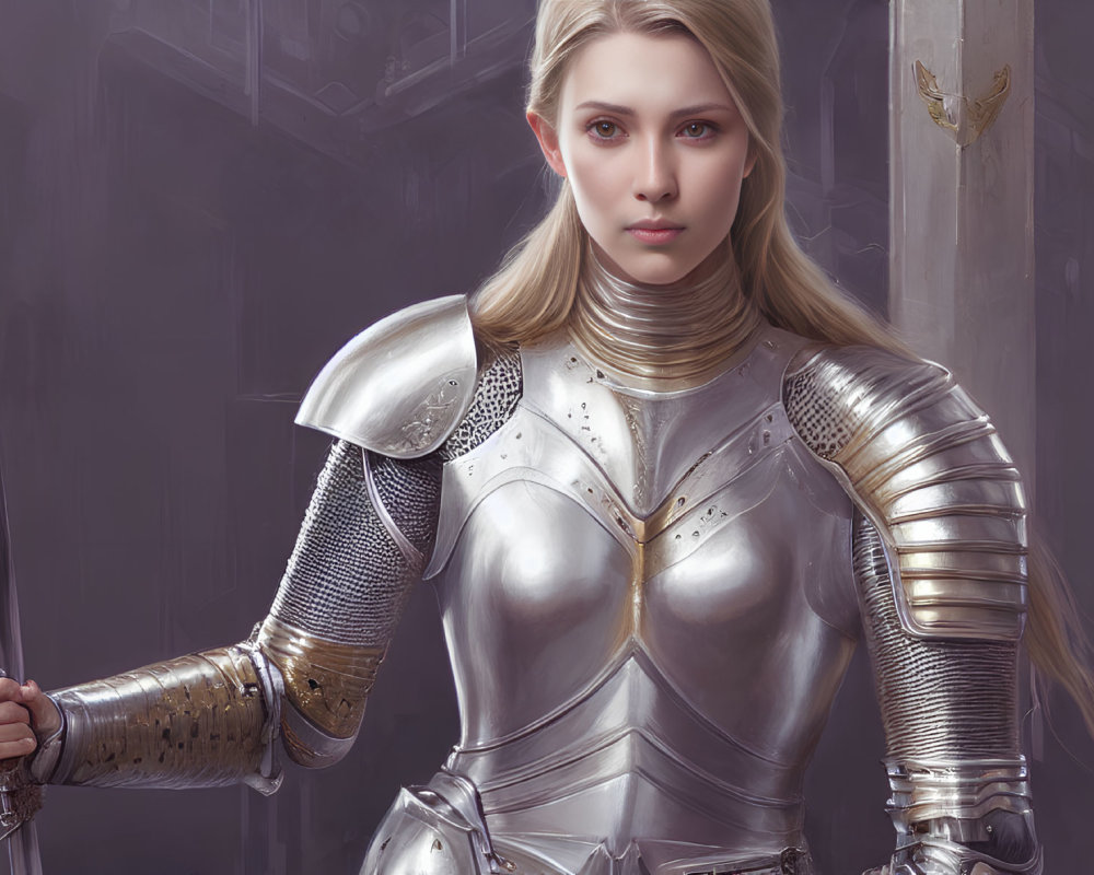 Blonde woman in silver medieval armor with sword in front of gothic cathedral