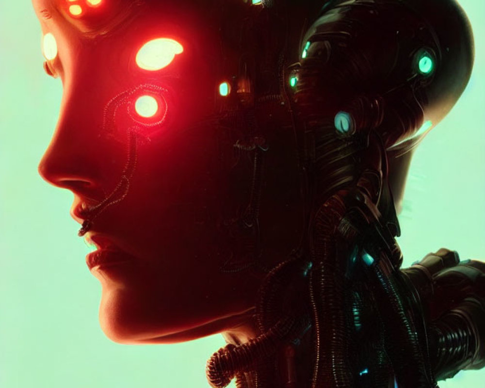 Humanoid robot with black mechanical details and red lights on green background