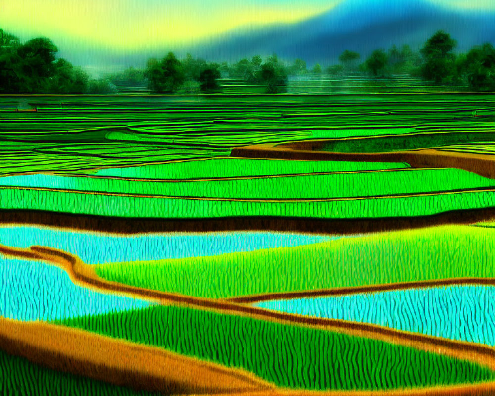 Vibrant green terraced rice fields with misty mountains against yellow and blue sky