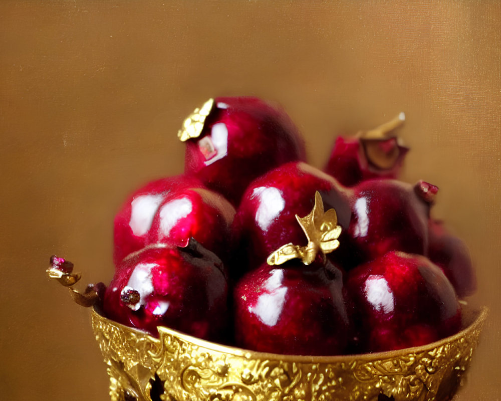 Glossy red pomegranates with golden embellishments on beige background