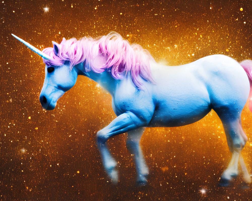 Colorful digital artwork: Blue unicorn with pink mane on starry orange backdrop