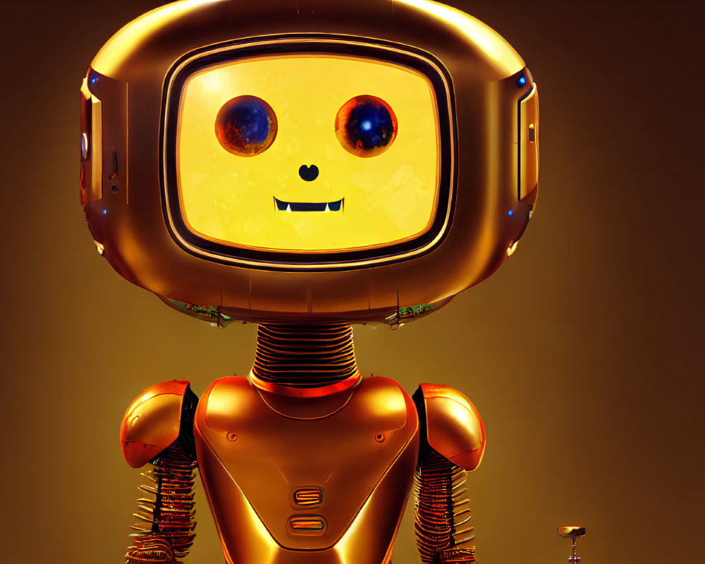 Orange Square-Headed Robot with Blue Eyes and Smile on Golden Background