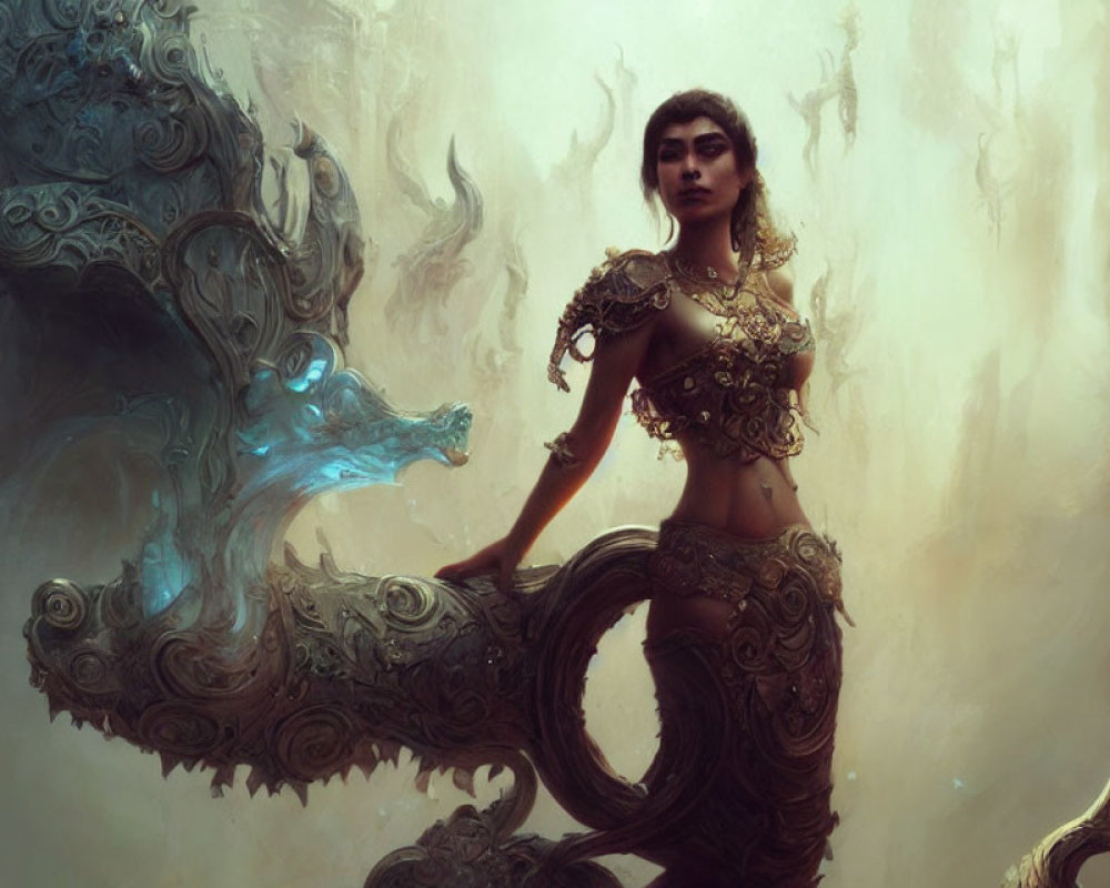 Golden-armored woman with dragon-like mystical creature in ornate swirls.