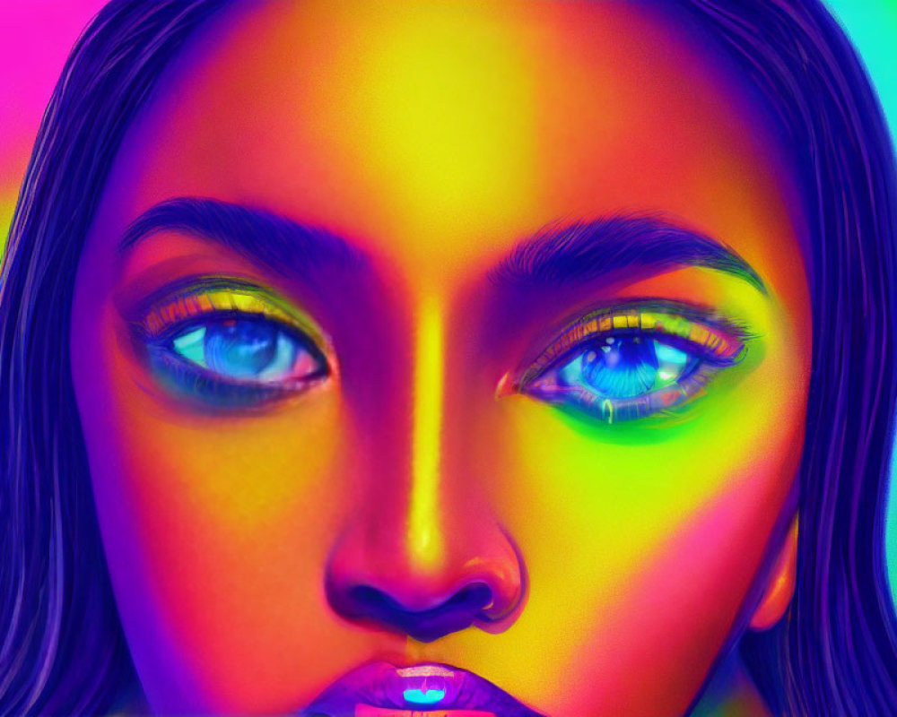 Vibrant rainbow lighting illuminating woman's face