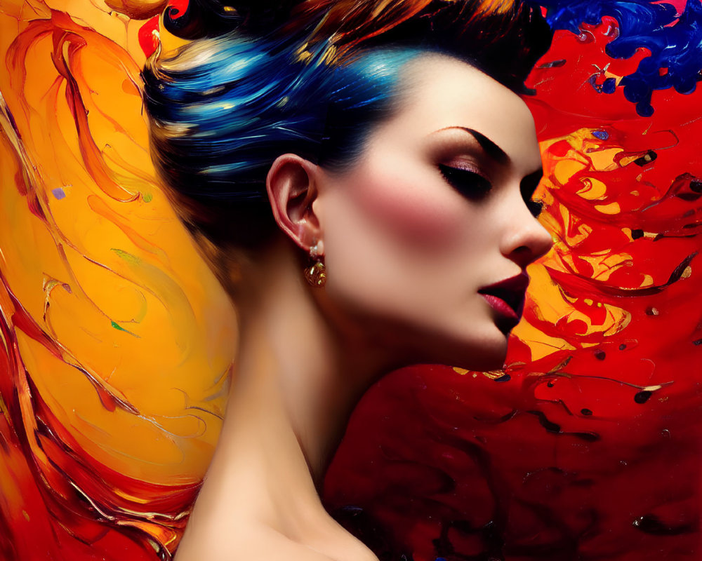 Profile Portrait of Woman with Vibrant, Flowing Hair and Abstract Color Splash